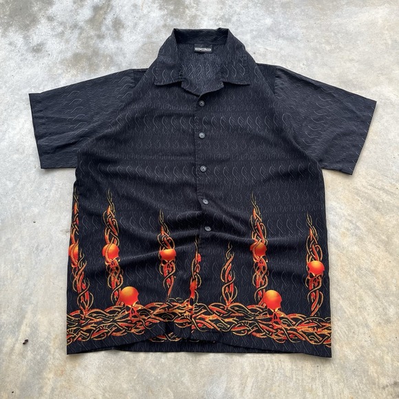 Blue Q Other - ODO Shirt Mens Extra Large Blue Gray Flaming Skulls Allover Flame Biker Hot Rod